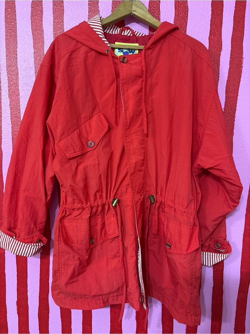 Striped-Lined Red Hooded Rain Jacket with Drawstring Waist